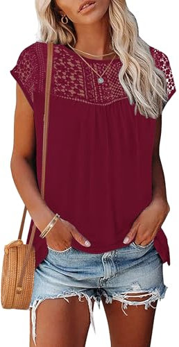 WNEEDU Womens Summer T Shirts Lace Tops Cap Short Sleeve Tshirt Crew Neck Casual Blouses Elegant 2025 New Burgundy XL