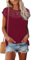 WNEEDU Womens Summer T Shirts Lace Tops Cap Short Sleeve Tshirt Crew Neck Casual Blouses Elegant 2025 New Burgundy XL