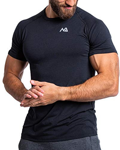 Natural Athlet Slim-Fit Fitness Tshirt für Herren – Enges & langes atmungsaktives Männer Kurzarm Gym T-Shirt – für Sport, Gym, Fitnessstudio, Workout, Bodybuilding und Krafttraining – Schwarz