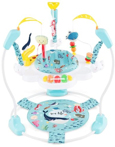 COSTWAY Baby Jumper, Height Adjustable Infant Activity Center with 360° Rotary Seat, Music, Lights, Removable Foot Pad, Interactive Toys, for Ages 6 Months + (Light Blue)