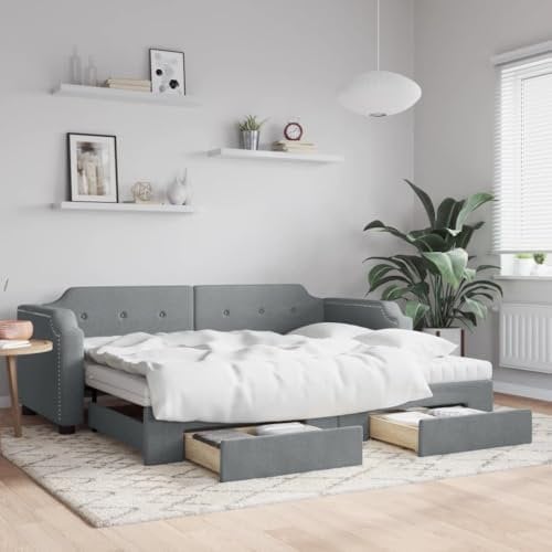 Hommdiy Tagesbett Schlafsofa Polsterbett,Sofabett Tagesbett,Einzelbett Gästebett mit Lattenrost Hellgrau 90 x 200 cm mit Bettkasten & Schublade & Matratze