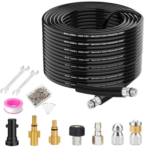 15M Pressure Washer Hose - Compatible with Karcher, Bosch and Lavor Pressure Washer, 400 Bar/5800 PSI Drain Hose Cleaning Kit Sewer Jetter Kit Includes 5 adapters, 2 nozzles
