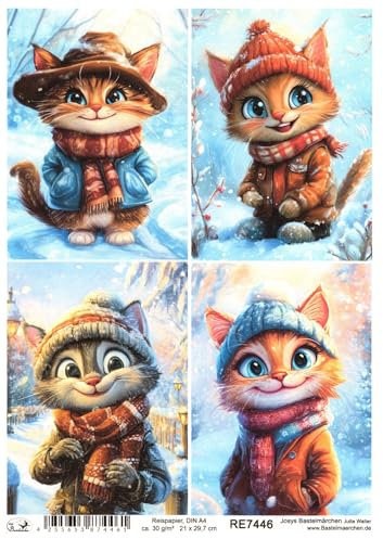 Josys Bastelmärchen Reispapier DIN A4 Strohseide Decoupage Weihnachten Kater Katze Mütze RE7446