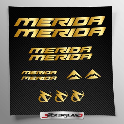 Aufkleber-Set kompatibel mit Rahmen Merida MTB Mountainbike und Helm | Decals Aufkleber für Fahrrad Schriftzug Logos | Stickersland® (Gold glänzend metallisch)