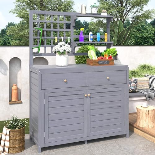 DRIXNO Holz Gartenschrank mit Regalen Outdoor Schrank, Gartenschrank Geräteschuppen Terrassenschrank, Balkonschrank, Gerätehaus, Garten Möbel, Grau