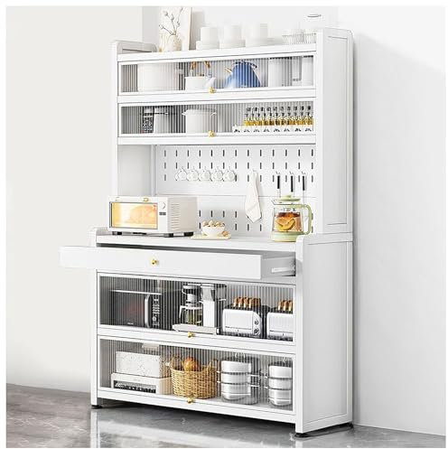 Kitchen Pantry Storage Cabinet with Microwave Stand Drawer and Wheels Freestanding White Hutch Cupboard for Tall and Spacious Storage (39×68in)