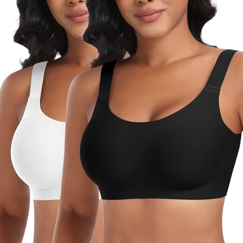 Nahtloser BH Damen Ohne Bügel Glatt Komfort Vollschalen Gepolstert Bustier Weicher BH Bequemer T-Shirt Soft BH Bra Bralette (Schwarz+Weiß, 2XL)
