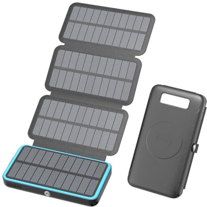 Chargeur Solaire 27000mAh Batterie Externe sans Fil - 22,5W Charge Rapide USB-C Power Bank avec Trois Sorties USB PD 4.0 QC 3.0 et 4 Panneaux Solaires pour Smartphones, Tablettes (Bleu)