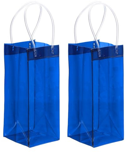 PATIKIL Ice Wine Bag, 2 Pcs Portable Collapsible Clear Wine Pouch Cooler Clear PVC Gift Bags with Handles for Champagne Party Outdoor Cold Beer Chilled Beverages, Sapphire Blue
