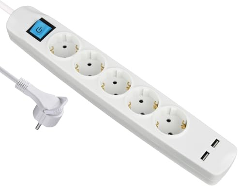 MAXTRACK NV58-3WL 5-Fach Steckdosenleiste mit USB, Flacher Schutzkontaktstecker, 2 USB-Ladebuchsen, Mehrfachsteckdose mit Griff zum Herausziehen, Kabelbinderfixierung, platzsparend & robust