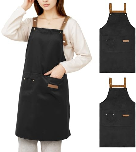 Daelesr 2 Piezas Delantal Cocina para Hombres y Mujeres, Delantales Chef, Mandil Camarero Ajustable, Mandiles Hosteleria Barbacoa Lona con 3 Bolsillos para Hornear, Jardinería