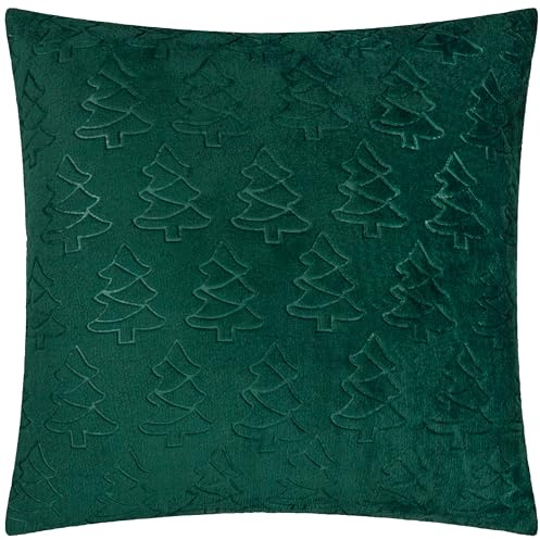 furn. Festive Trees Cushion Cover– Soft Flannel Fleece Winter Embossed Christmas Decorative Case (Emerald - 50x50cm)