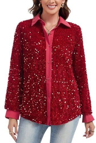 Kyzoeyou Womens Sequins Blouses Long Sleeve Botton Down Shirts Cotton Lapel Sparkly Party Shirt Ladies Casual Evening Tops(Red X-Large)