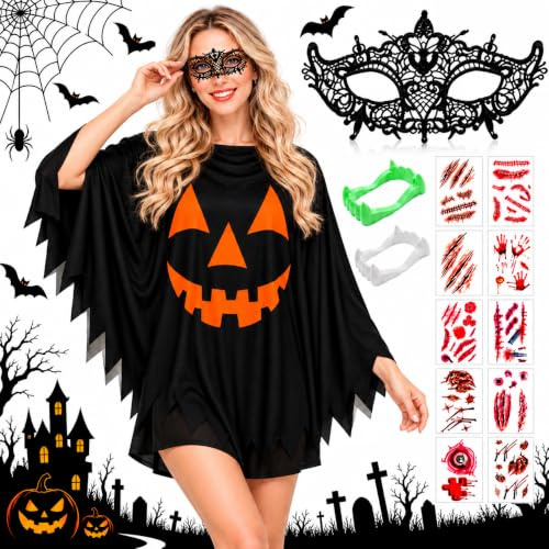 ZeiLaBang Kakadi Halloween Skelett Poncho,Halloween Kostüme für Frauen Skelett Umhang,Spinnennetz Cape Umhang Kostüm,Druck Langärmliges Fledermaus Kostüm,Kleidung für CosplayHalloween Karneval Party