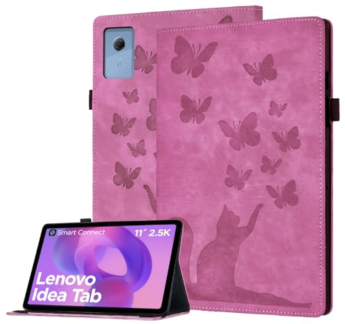 Bemoloon Tab Case for Lenovo Idea Tab 11 2025 TB-336ZU PU Leather Cat&Butterfly Flip Tablet Cover, Stand, Scratch-Resistant, Card Slot, Pen Holder, Pink