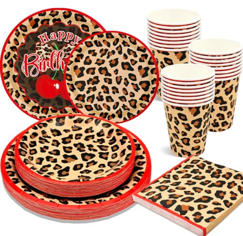 Cheetah Print Birthday Decorations, Serves 25 Guests, Cheetah and Cherry Birthday Decorations Includes Plates, Napkins, Cups for Girls Women Leopard Party