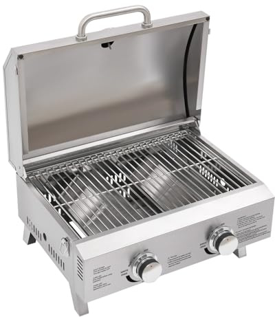 Barbecue a gas in acciaio inox, 2 fuochi, pieghevole, per esterni, portatile, con raccordo e pietra per pizza, metodo di accensione piezoelettrica, per tutti gli esterni, 55,8 x 45 x 38 cm