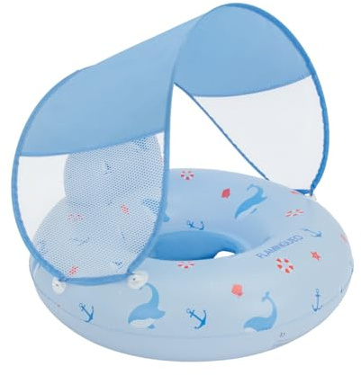 Flamingueo Bouée pour Bébé - avec Parasol et Assise Renforcée - PVC Résistant et Polyester - Double Valve - Bleu