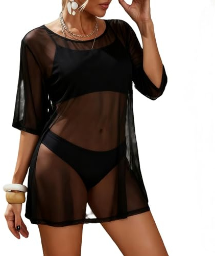 TouKingda Mesh Beach Cover Up for Women Short Sleeve Mini Dress | See Through Solid Chiffon Bikini Coverups Casual Summer Swimwear Sheer Swimsuit Beach Dresses for Nightclub Party Outfits