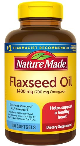 Nature Made Extra Strength Flaxseed Oil 1400 mg, Fish Free Omega 3 Supplement, Dietary Supplement for Heart Health Support, 100 Softgels, 100 Day Supply
