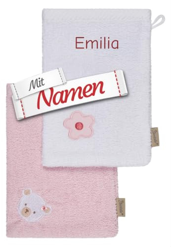 Sterntaler Waschhandschuh Waschlappen Maus Mabel, mit Namen bestickt, Namensstickerei Wunschname individuell, Baby Kinder Geschenk zur Geburt, Taufe, Geburtstag, Rosa 21x15 cm