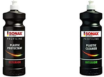 SONAX PROFILINE Plastic Protectant Exterior (1 Liter) Kunststofftiefenpflege für unlackierte Kunststoffteile & PROFILINE Plastic Cleaner Interior (1 Liter) reinigt und pflegt Kunststoffoberflächen