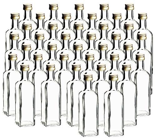 gouveo Juego de 40 botellas de cristal Maraska de 60 ml con tapón de rosca dorado - mini botella de 0,06 l para rellenar - botellas de cristal para licor, aguardiente, aceite o como regalo (MFET060G)