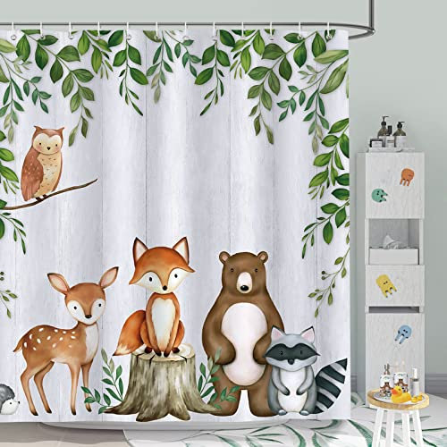 Bonhause Duschvorhang Waldtiere Grün Blätter Frühling Duschvorhänge für Kinder 180 x 180 cm Anti-Schimmel Wasserdicht Polyester Stoff Waschbar Bad Vorhäng für Badzimmer mit 12 Haken