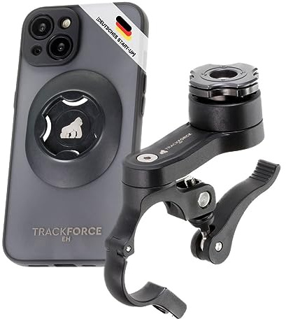 TRACKFORCE - 360° iPhone 14 Pro Handyhalterung mit Vibrationsdämpfer - für Motorrad, Fahrrad & E-Scooter - Inkl. Handyhülle & Back Attachment - Einfach & Schnell Montiert - für jeden Lenkertyp