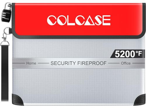 COLCASE Fireproof Document Bag with Lock 5200℉ Heat Insulated Waterproof and Fireproof Bag with Zipper Fireproof Bag Storage for Money, Documents,Passport and Valuables 15 x 11 inches