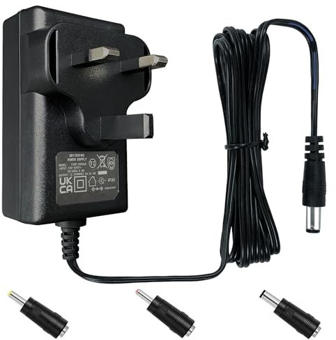 12V 2A 24W 6ft/1.8M Long Power Supply Adapter, AC DC Switching Adapter (Input 100-240V, Output 12Volt 2Amp 2000mA), Wall Mount Transformer Plug with 3 Interchangeable Adapter Jacks, UKCA Listed