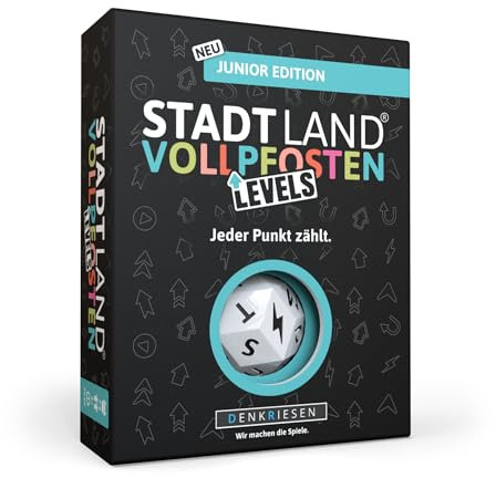 DENKRIESEN - Stadt Land Vollpfosten® Levels – Junior Edition - Jeder Punkt zählt.' | 60 Karten | Blitzwürfel | ab 8 Jahren | ca. 30-60min | 2-6 Spieler | Partyspiel | Reisespiel | Stadt Land Fluss