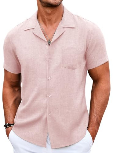 COOFANDY Chemise d'été à manches courtes pour homme - Chemise cubaine décontractée avec poche avant - Coupe droite, rose foncé, S