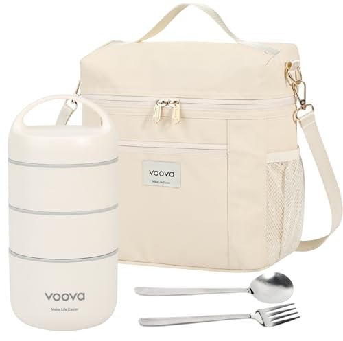 Voova Stackable Stainless Steel Lunch Box with Insulated Lunch Bag and Cultery Set for Kids Adult Women Men, 3 Tiers Leakproof All-in-One Bento Boxes Food Container for Work School, Beige