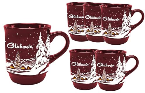 Van Well 6er Set Glühweinbecher rot mit Motiv und Eichstrich 0,2L - Keramik klassische Weihnachtsmarkt Tasse mit Wintermotiv I Glühweintassen mit Henkel I Profi Gastronomiebedarf Feuerzangenbowle
