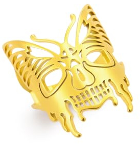 kkjoy Geist Gesicht Schmetterling Ring Edelstahl Einstellbare Horizont Halloween Dunkel Skelett Kopf Schmetterling Ring Schmuck für Frauen Männer