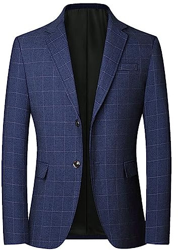 Blazers Homme - Blazer Homme Bleu à Carreaux Revers Couleur Unie 2024 Coupe AjustéE éLéGante à Rayures pour Le Printemps Et L'Automne Veste De Costume pour Les Loisirs pour Mariage Et Affaires