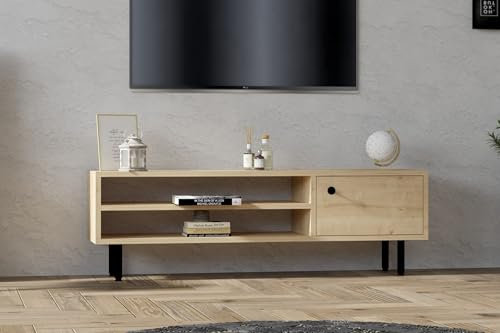 Hanah Home Modern TV Unit in Sapphire Oak, 120 x 38 x 30 cm | 100% Melamine Coated Particle Board, 18 mm Thick | Wall-Mountable with Multiple Shelves, Stylish & Functional