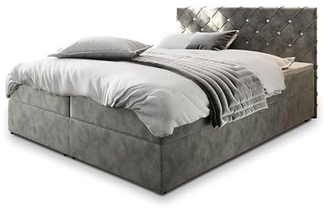 Masseno Boxspringbett Riva 140x200 cm Komplett-Set mit Matratze und Topper, Polsterbett mit Zwei Bettkästen -Grau, Magic Velvet 2217