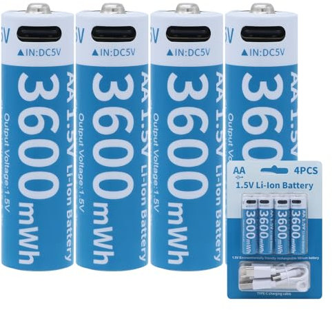 Tosiicop AA Rechargeable Lithium Batteries - 4 Pack USB-C Rechargable Li-Ion Battery 1.5V 3600mWh with 4 in 1 USB to Type-C Charger Fast Charging Cable High Output (AA 3600mWh Battery)