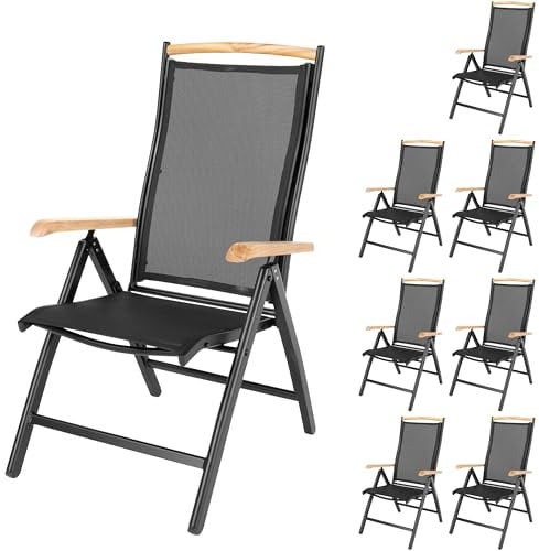 ib style Gartenstuhl 8er Set Diplomat - Klappstuhl, Hochlehner, Aluminium, Teakholz Armlehnen, 7-Fach verstellbar, Rostfrei, Vormontiert, 150 kg belastbar, Schwarz