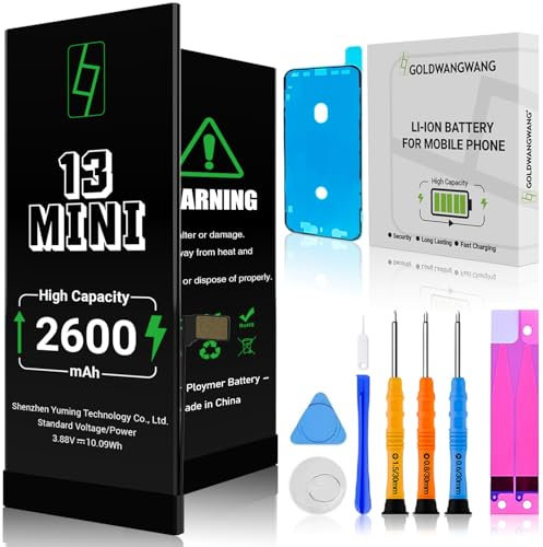 GOLDWANGWANG Batterie pour iPhone 13 Mini, 2600mAh de Haute Capacité, Compatible avec A2481/A2626/A2629/A2630/A2628, 0 Cycles, Kit de Réparation Complet, Certifiée CE/RoHS/FCC/PSE