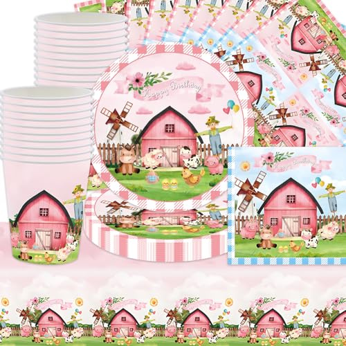 Ensemble de vaisselle de fête d'anniversaire pour enfants, 61 pièces - Rose - Ferme - Assiettes en papier - Nappes en papier - Décoration de fête pour garçons et filles - Thème bleu poudré