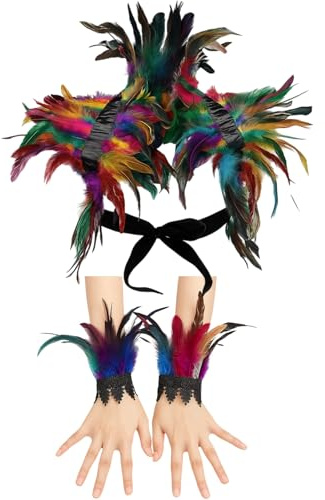 EujRcf 2pcs Gothic Feather Cape, Elegant Carnival Costumes for Women, Maleficent Costume Accessory, Stylish Carnival Outfit for Halloween Parties, Gothic Shows, and Photography Sessions Black