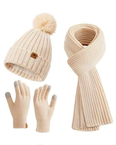 Onetraum Mütze, Schal & Handschuh-Set für Damen (Cream)