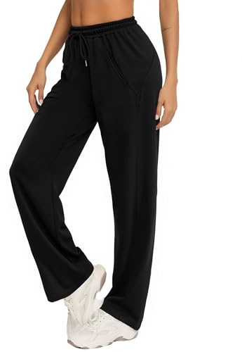 Litherday Pantalones Jogger Mujer Cintura Alta Largos Holgados Algodon Pantalones Yoga Comodos Ocio Pierna Recta Entrenamiento Jogging Fitness con Bolsillos, Negro, M