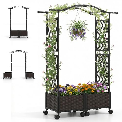 HOMASIS Arche de Jardin 2 en 1 avec 2 Jardinières sur roulettes, en Métal et Rotin PP, Jardinière Surélevée avec Treillis pour Plantes Grimpantes, pour Jardin, Mariage (Marron, 104 x 40 x 147 cm)