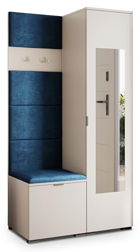 Masseno Flugarderoben Set VIRA, Kleiderschrank-Set mit Spiegel und Sitzbank, Garderobenschrank Flur mit 3 Regalböden, Kaschmir