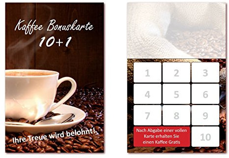 500 Stück Kaffee Bonuskarten (BOK-409) mit 10 Stempelfeldern. Treuekarten passend für Bereiche wie Gastronomie, Restaurant, Gaststätte Bäcker Konditor