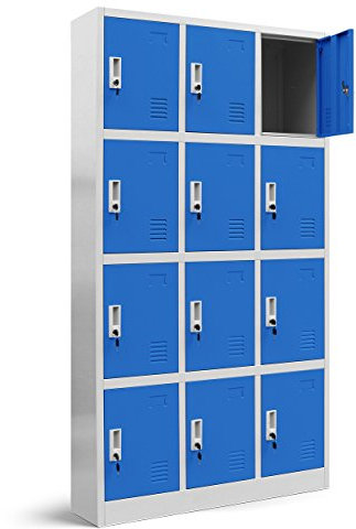 Jan Nowak Wertfachschrank 3B4A Fächerschrank Schließfachschrank mit 12 Fächern Metallspind Umkleideschrank Stahlblech Pulverbeschichtung Farbwahl 185 cm x 90 cm x 40 cm (H x B x T) (Grau-Blau)